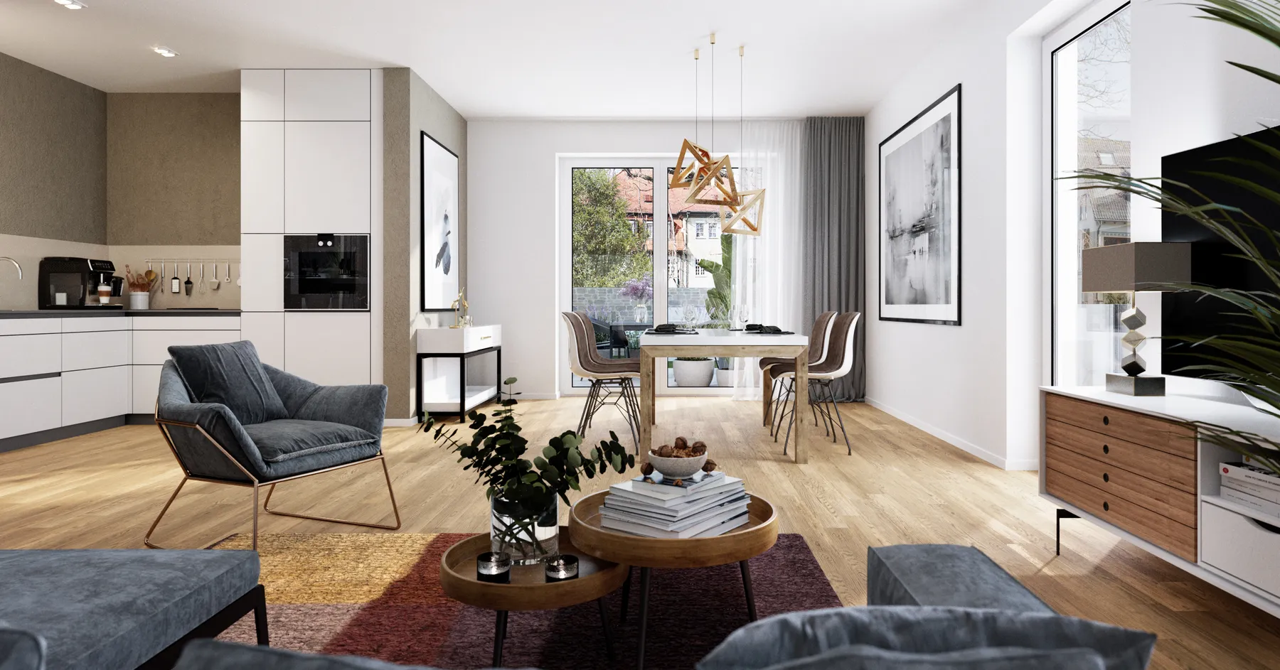 Visualisierung: Wohn- und Essbereich Wohnung 14 im Erdgeschoss