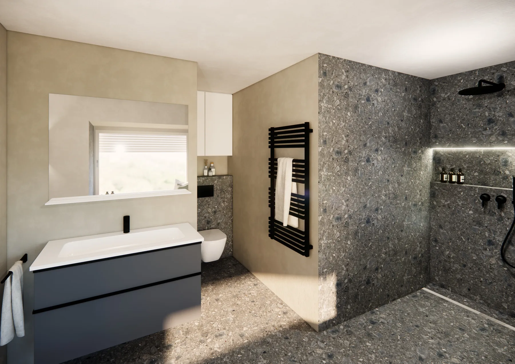 Visualisierung: modernes Bad mit bodengleicher Dusche