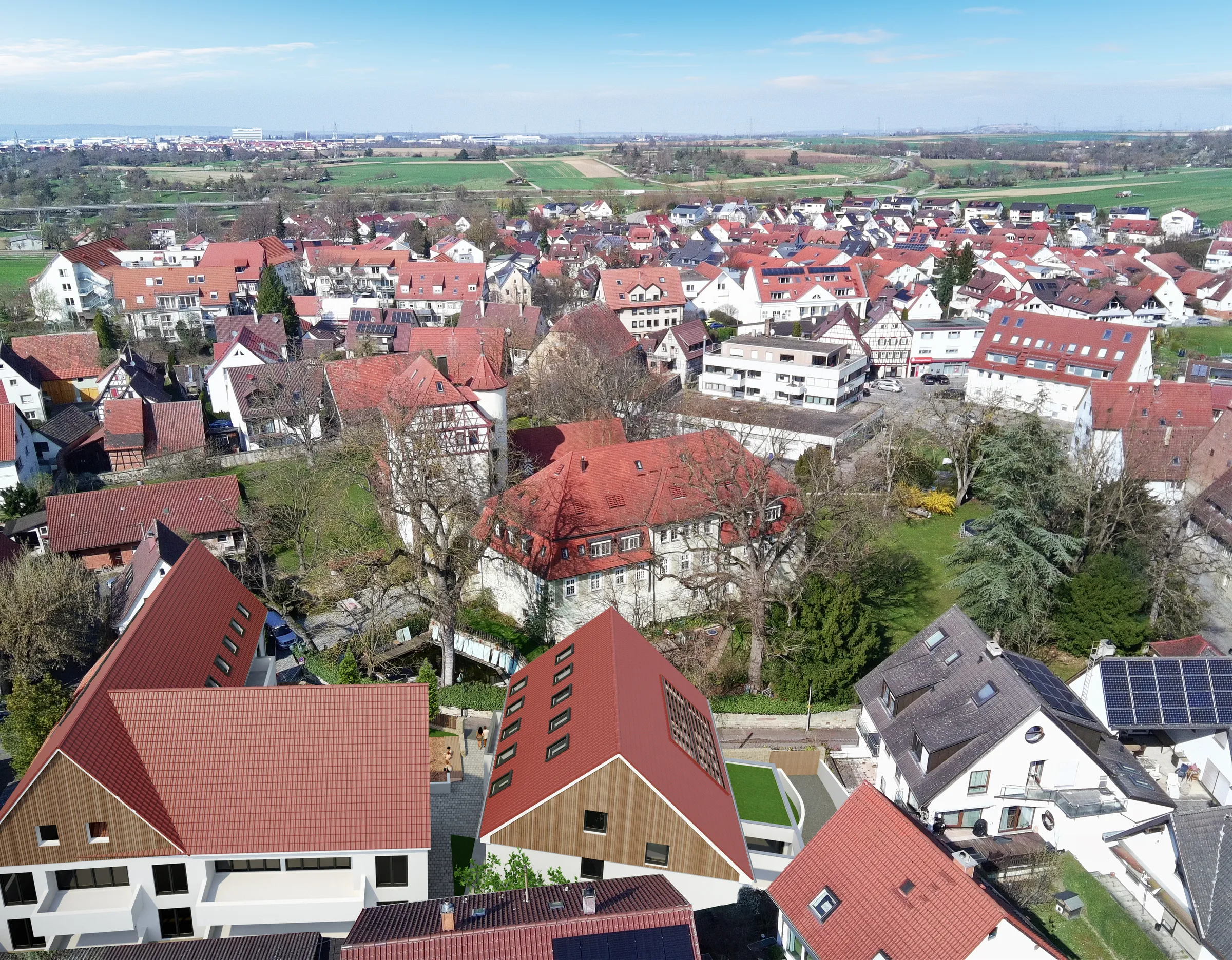 Luftbild Münchingen mit dem Neubauprojekt Zum Schlosshof